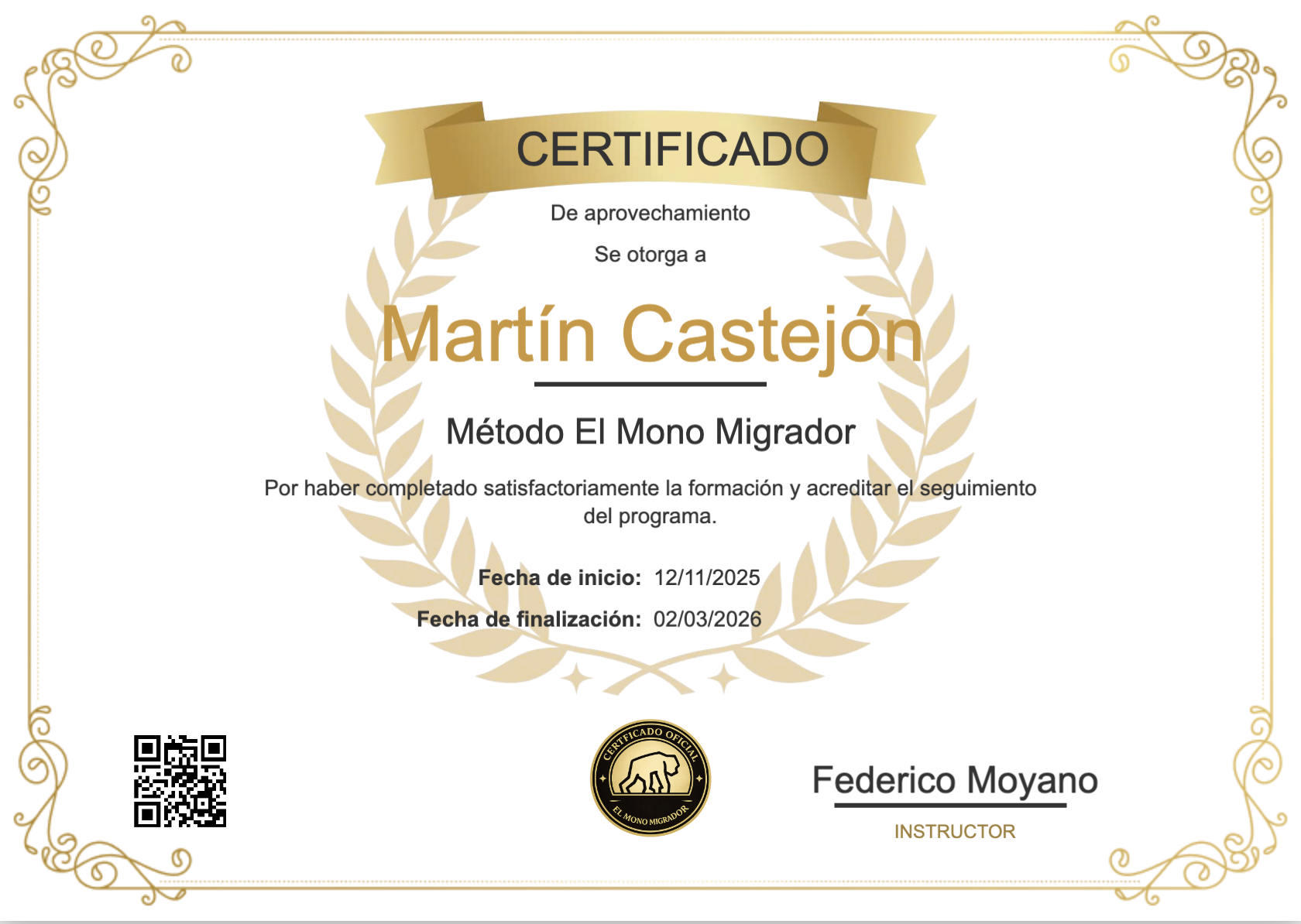 Certificado de aprovechamiento del Metodo El Mono Migrador